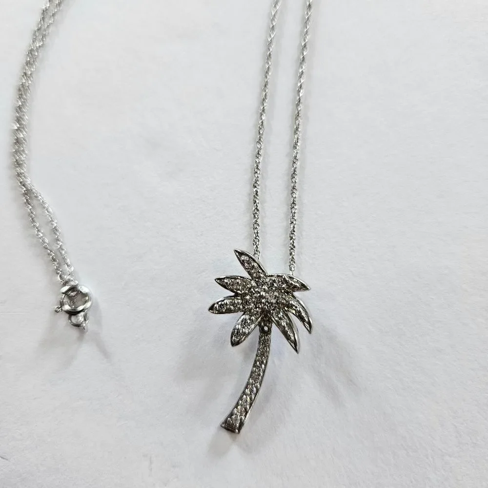 Fine Arts Silver FAS 925 Sterling Silver Simulated Diamond Palm Tree Necklace